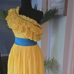 Yellow Ruffled One-Shoulder Dress with Blue Waistband